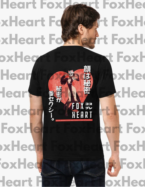 Man wearing a black t-shirt with a graphic design on the back, standing against a white background with 'Fox Heart' branding.