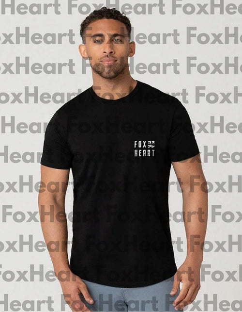 Man wearing a black t-shirt with 'FoxHeart' logo on a gray background